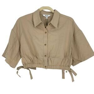 Billie the Label Imogene Crop Top Linen Blend Khaki Medium Collar Button Tencel
